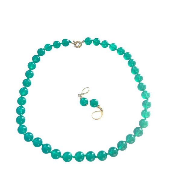 Green Beaded Glass Necklace and Earrings Set Gold Accents Elegant Jewelry for Wo - Picture 1 of 4